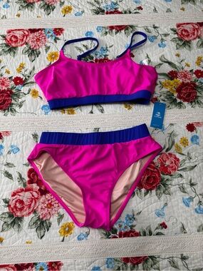 Neon Colorblock Scoop Neck Bikini Top & Hipster Bottoms Set Pink/Blue